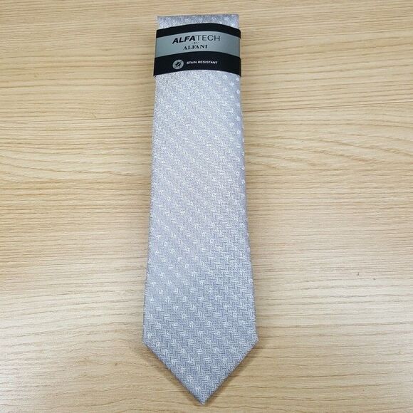ALFANI Mens Neck Tie Silver Gray Herringbone Stripe Stain Resistant - Picture 1 of 5